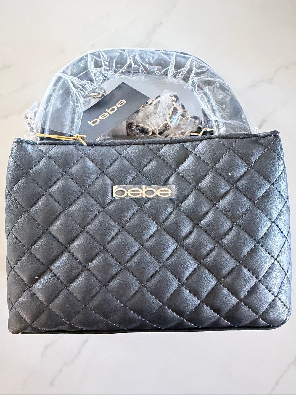 bebe Black Quilted Top-Handle Satchel with Gold Logo